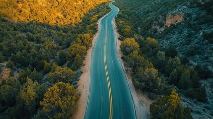 Aerial view of an empty stretch of road leading into the horizon, symbolizing freedom, travel, and the allure of open roads for adventure, road trips, and the spirit of exploration.