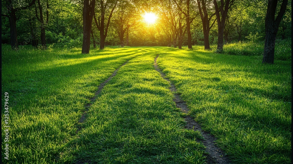 Poster pathway through sunlit forest with trees and dappled light creating a serene atmosphere