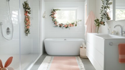 Serene Easter-Inspired Bathroom Decor with Floral Garland and Bunny Mirror Frame