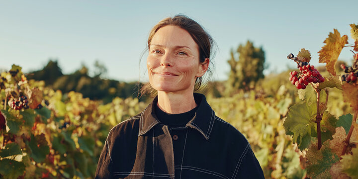 Lifestyle portrait of wine maker standing outside in vineyard at harvest