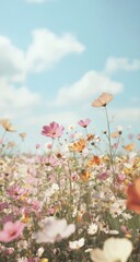 Obraz premium Pastel flowers field, sunny day, beautiful sky, perfect for social media