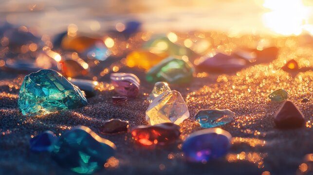 Colorful gems scattered on sand shine under golden light, reflecting rarity and worth. Use for luxury, mineralogy, or unique treasure themes.