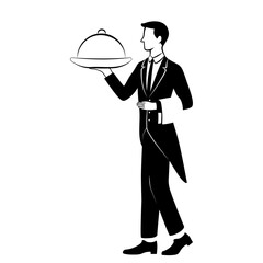 Elegant waiter in a tuxedo holding a tray with a cloche. Black and white minimalist vector illustration. Perfect for restaurant, catering, hospitality, or service-related designs.