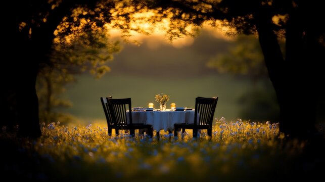 Chairs and table in a field surrounded by greenery with copy space for garden furniture