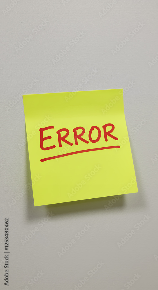 Poster error note: bright yellow sticky note with red 'error' text on wall ? mistakes, warnings, problems, 