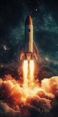Rocket soaring into the starry night sky with a trail of fire and clouds.