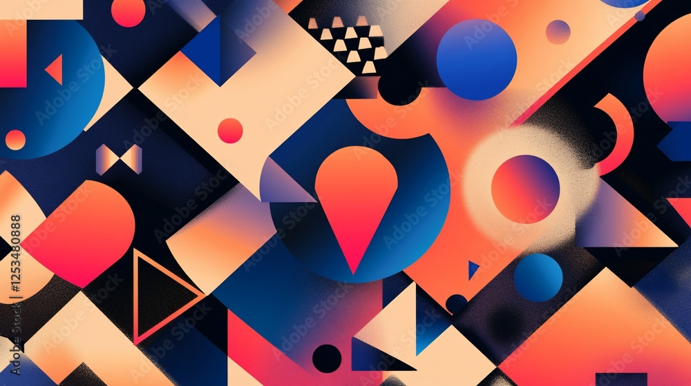 Poster abstract geometric composition with vibrant color gradients and textured elements