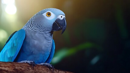 A vibrant blue parrot perched on a branch, surrounded by lush greenery and soft sunlight