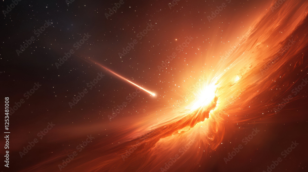 Poster mesmerizing view of galaxy with swirling arms, bright star, and comet streaking through cosmos, crea