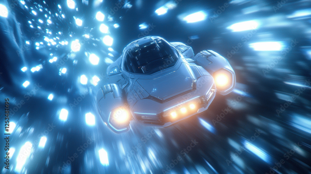 Poster spacecraft gliding through vibrant field of glowing particles, creating sense of speed and adventure. futuristic design and bright lights enhance thrilling atmosphere