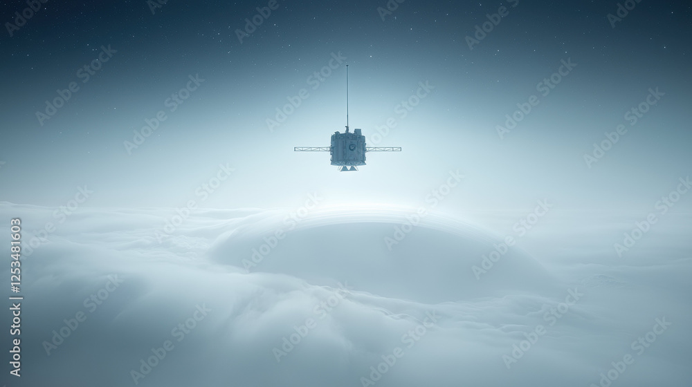 Poster spacecraft exploring rings of distant planet, surrounded by clouds and stars, evokes sense of wonder
