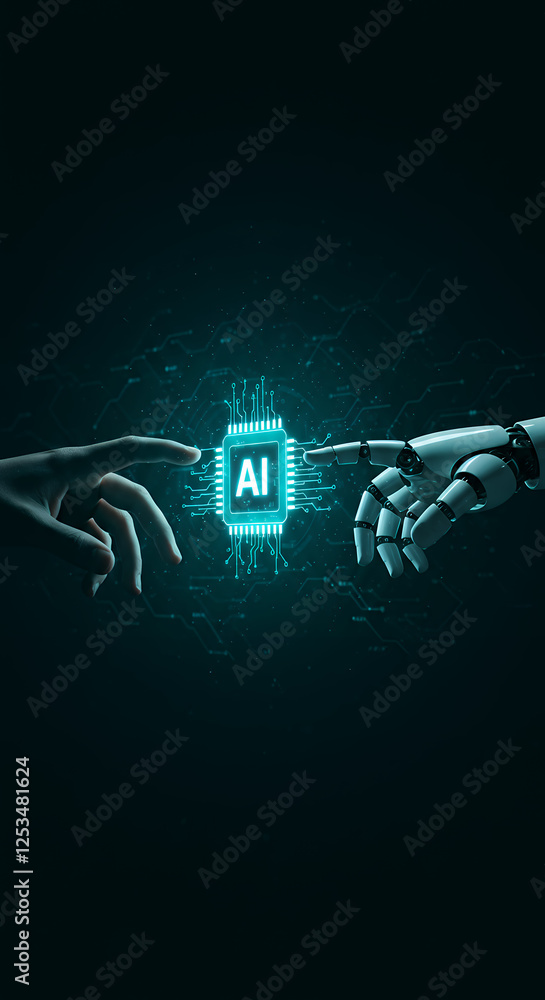 Poster ai touch: human & robot hand connecting with artificial intelligence microchip - future tech & innov