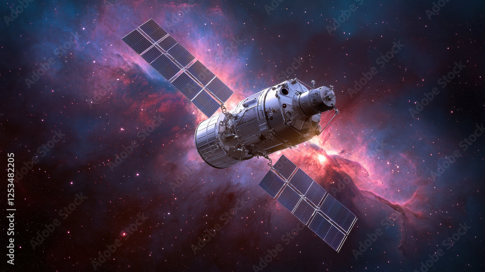 Poster spacecraft navigating through colorful nebula in space, showcasing advanced technology and exploration. vibrant cosmic background enhances sense of wonder and discovery