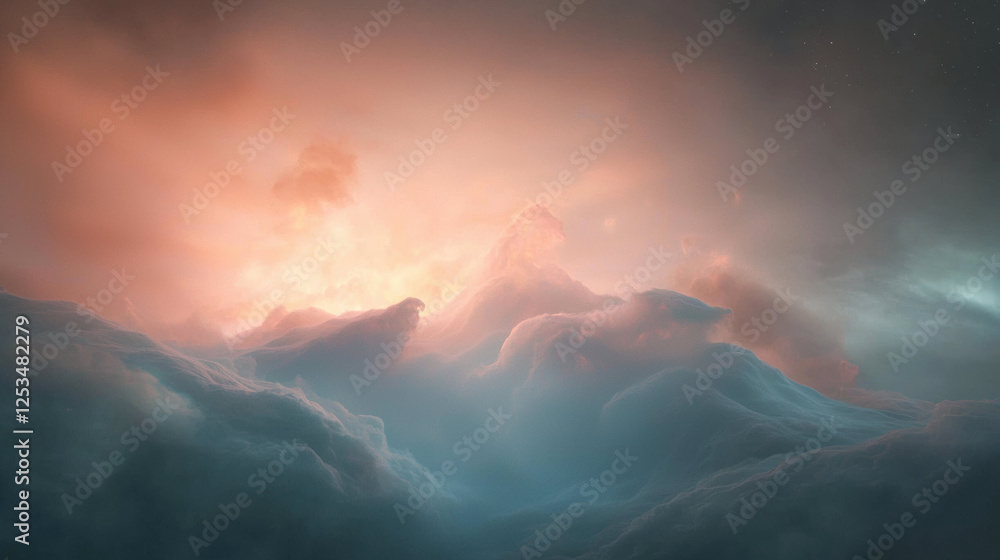 Poster spacecraft navigating through field of colorful clouds and light, creating surreal atmosphere. scene evokes sense of wonder and exploration