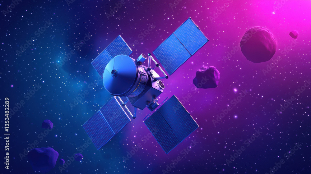 Poster spacecraft navigating through colorful cosmic field filled with asteroids, showcasing advanced technology and exploration. vibrant colors create sense of wonder and adventure
