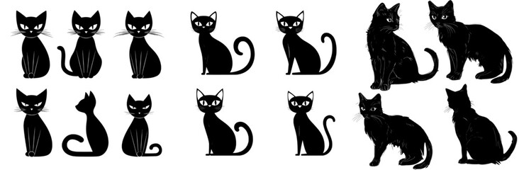 A group of black cat silhouettes isolated on a white backdrop