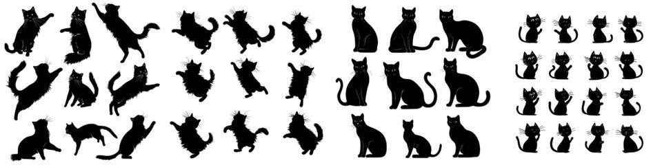 Set of black cat silhouette. Cat sitting, walking, playing, different cats in a modern style