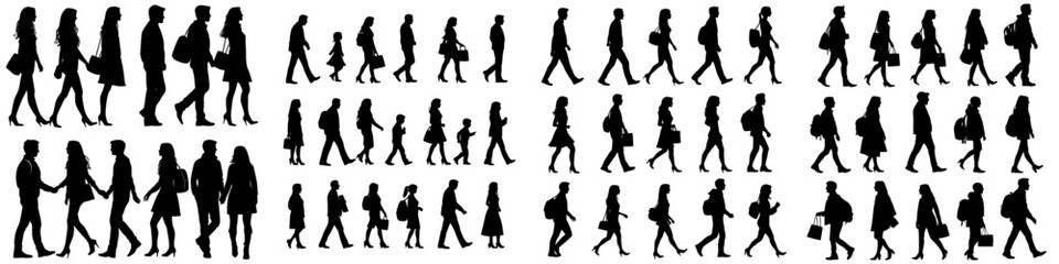 A modern graphic featuring black silhouettes of walking people on a white background