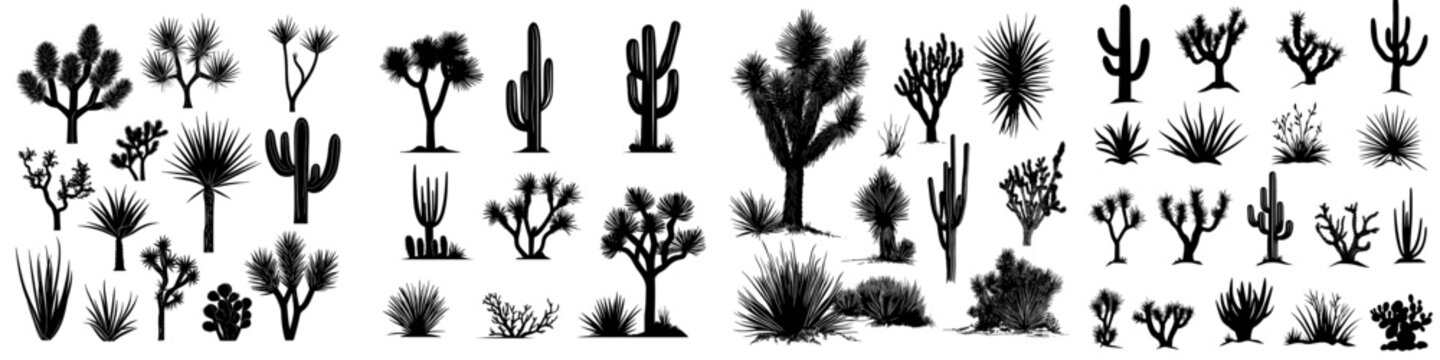 A large group of black outlines depicting cacti, agaves, a Joshua tree, and prickly pears