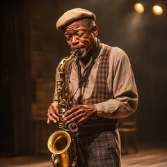 Musical performance by a saxophonist in a dimly lit venue during a live jazz event in the evening hours