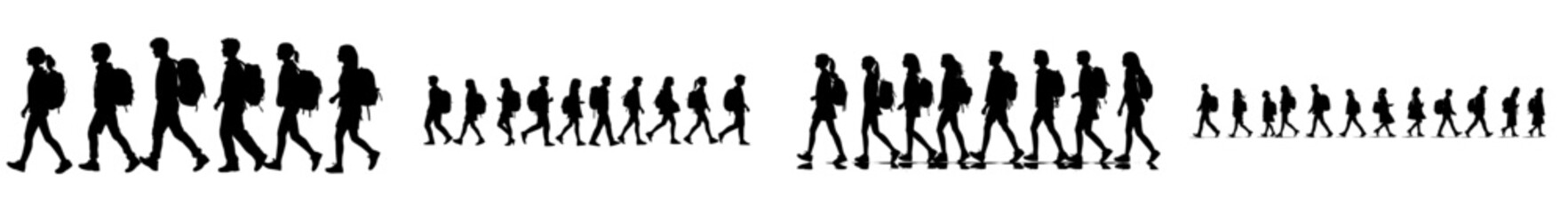 A set of contemporary silhouettes featuring a man and a woman's profile, along with a group of walking business individuals, all in black color on a white background