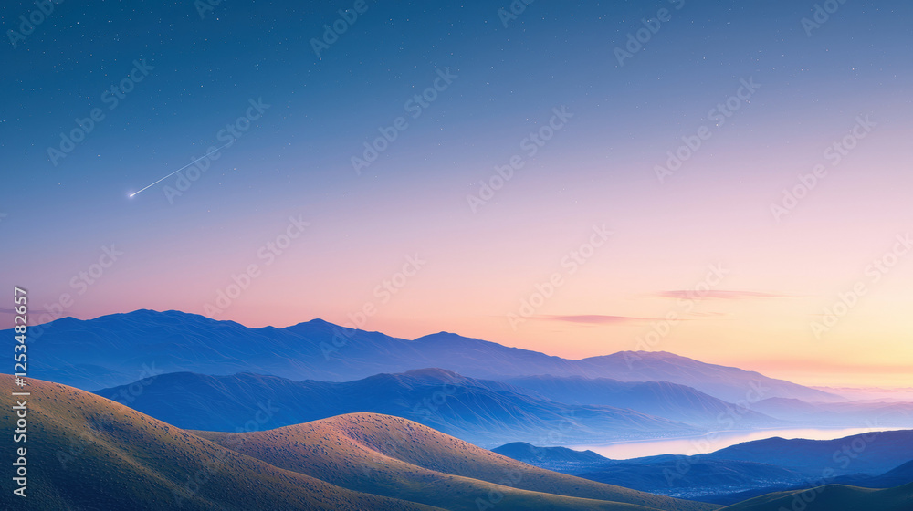 Poster stunning view of comet streaking through starry sky over rolling mountains at dawn, creating serene 