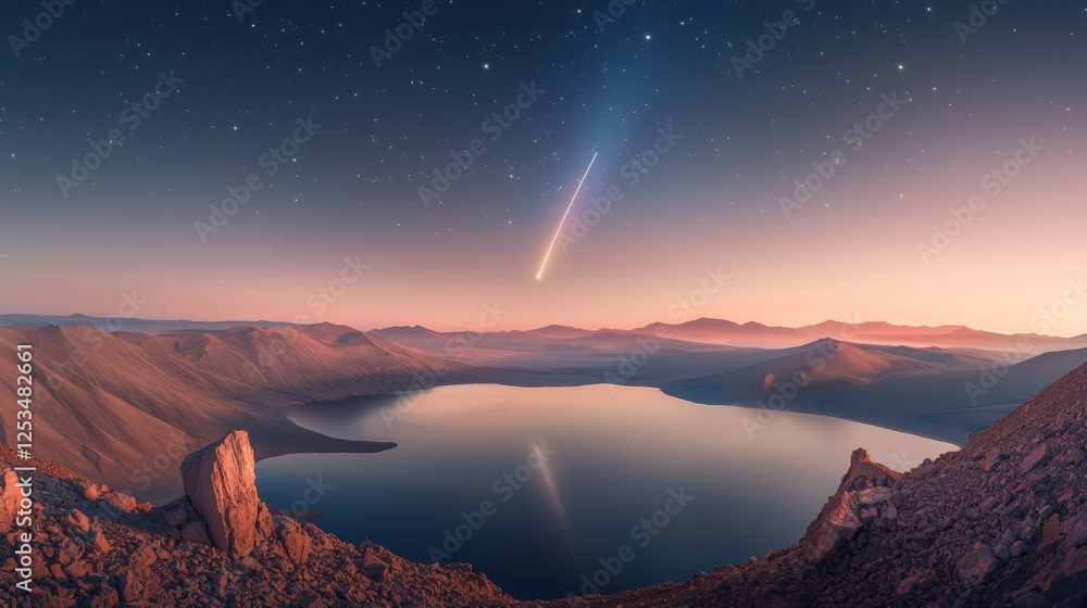 Poster stunning view of comet streaking through starry sky over tranquil lake, surrounded by mountains and 