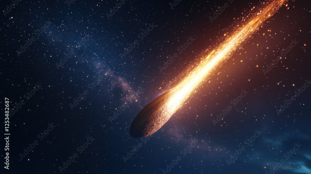 Poster stunning view of comet streaking through star filled sky, illuminating darkness with its fiery tail.