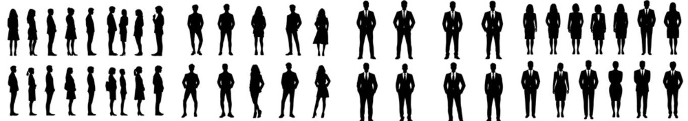 Group silhouettes of business people posing on a white background, depicted in a modern, flat-line illustration style