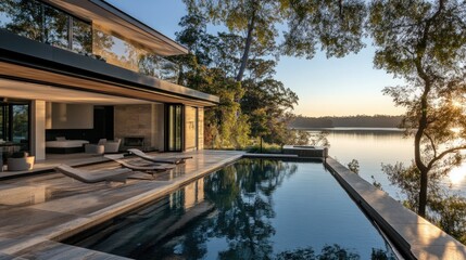 Fototapeta premium Luxury Lakeside Residence: Modern Architecture Meets Tranquil Waters