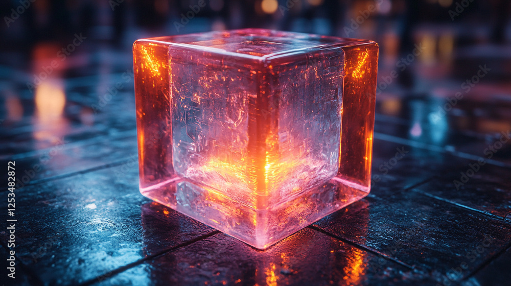Aufkleber glowing ice cube illuminated in colorful light on a wet surface