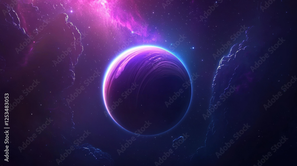 Aufkleber vibrant aurora illuminates distant planet surrounded by cosmic clouds, creating mesmerizing scene in galaxy. colors evoke sense of wonder and exploration