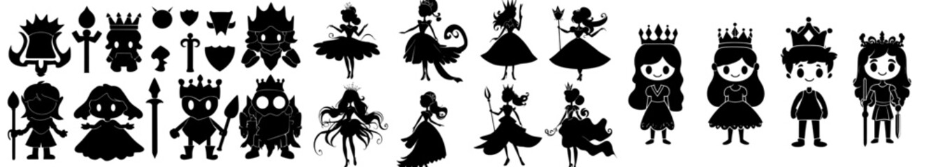 A modern big black and white set of fairy tale characters and objects silhouettes. This collection includes a fantasy princess, king, queen, knight, unicorn, dragon, and shadows of a medieval fairy