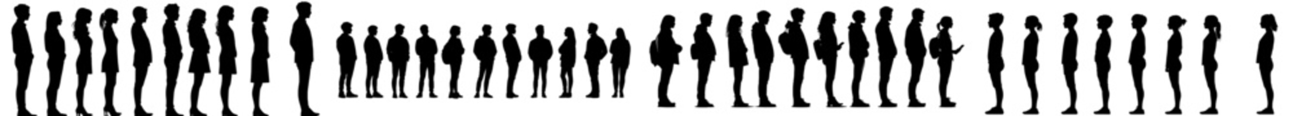 A collection of contemporary silhouettes featuring a man and a woman, portrayed as a group of standing business professionals, against a pure white backdrop with a black color scheme