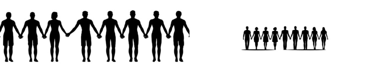 Black silhouettes of individuals, both male and female, are depicted holding hands