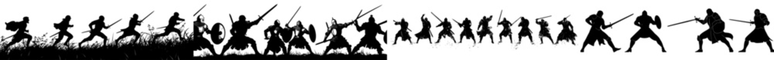 Obraz premium Dozen ninjas in epic poses sit on the roof, weapons in hand, dressed in suits with swords and long armbands swaying in the wind. 2D art