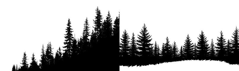 Obraz premium Fir trees silhouettes set. Coniferous spruce horizontal background patterns, black evergreen woods modern illustration. Beautiful hand drawn panorama with treetops forest. Black pine woods
