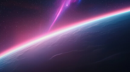 vibrant aurora glows over distant planet, illuminated by galaxy light. scene captures beauty of space with colorful hues and serene atmosphere