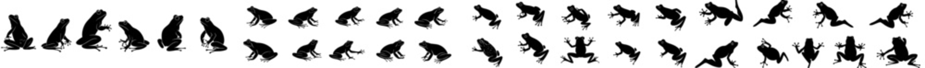 A set of black silhouettes of frogs isolated on a white background