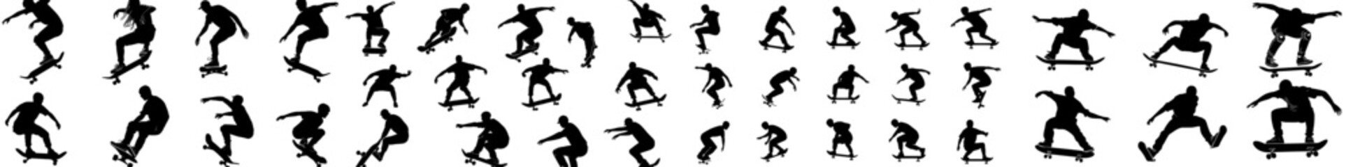 A set of modern silhouettes of skateboarders, depicted in black and isolated against a white background