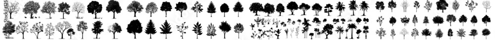 Poster a collection of silhouette tree line drawings in a side view format, designed as graphics elements w