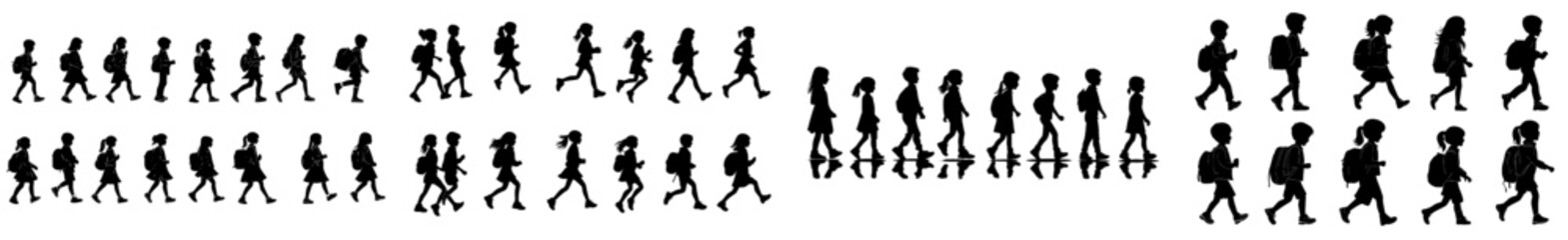 Obraz premium Silhouettes of schoolboys and schoolgirls, design featuring kids heading to schoolKids walking to school silhouette, school boys and girls in silhouette viewDesign of children walking to school,