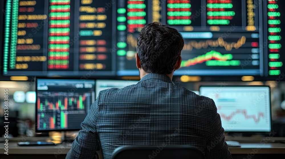 Poster trader analyzing stock market data on monitors