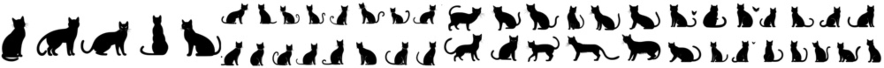 A collection of cat silhouettes in diverse poses isolated on a background
