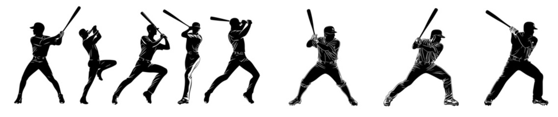 Modern illustration of baseball player silhouettes in diverse batting poses and gestures, focusing on the batter, set against a white background