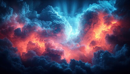 Fototapeta premium Dramatic fiery red & blue clouds at night, light rays shining, for backgrounds