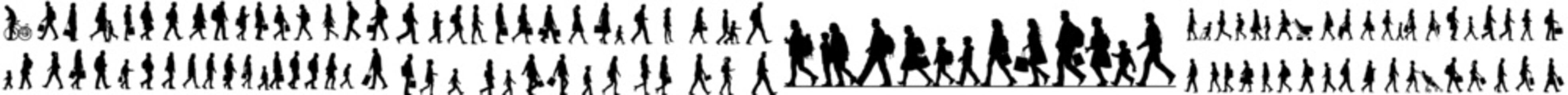A modern illustration featuring silhouettes of people walking down the street, with a diverse group of characters of various ages