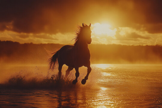 The silhouette of a majestic horse running along a beach during sunset