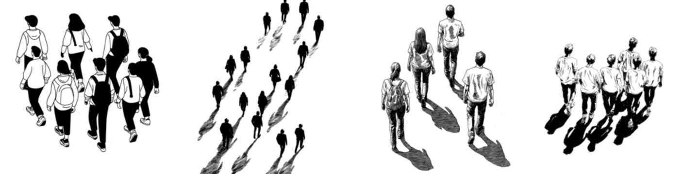 People depicted in axonometric style, rendered in black and white with sketch outlines, set against a transparent background, appearing as silhouettes