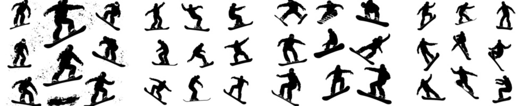 A modern snowboarder silhouette, showcasing the snowboard sport, isolated against a white background
